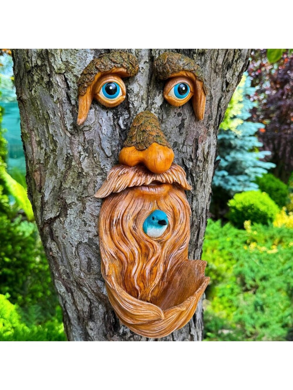 Whimsical Tree Faces Outdoor Decor - Old Man Bird Feeder & Garden Art Statue